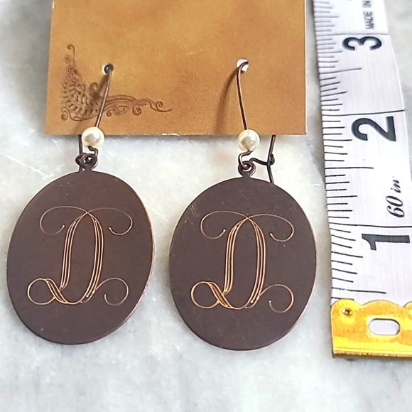 Bronze Inscribed "D" Earrings with Pearl detail - Picture 2 of 6